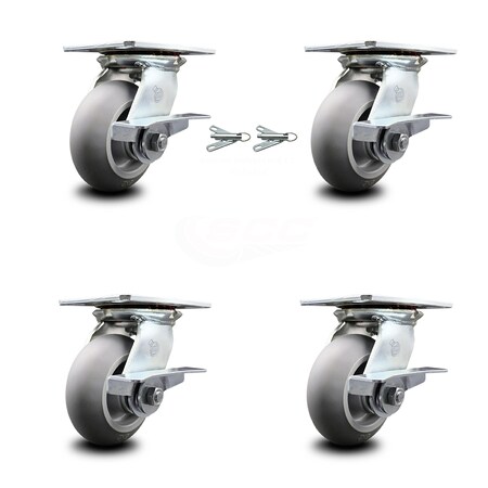 Service Caster 5 Inch Thermoplastic Caster Set with Roller Bearing 4 Brake and 2 Swivel Lock SCC-35S520-TPRRD-SLB-BSL-2-SLB-2